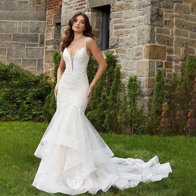 Romantic Wedding Dress Sexy Deep V-Neck Vestidos De Novia Appliques Vestido De Noiva Backless Custom Made Lace Robe De Mariée by payinti