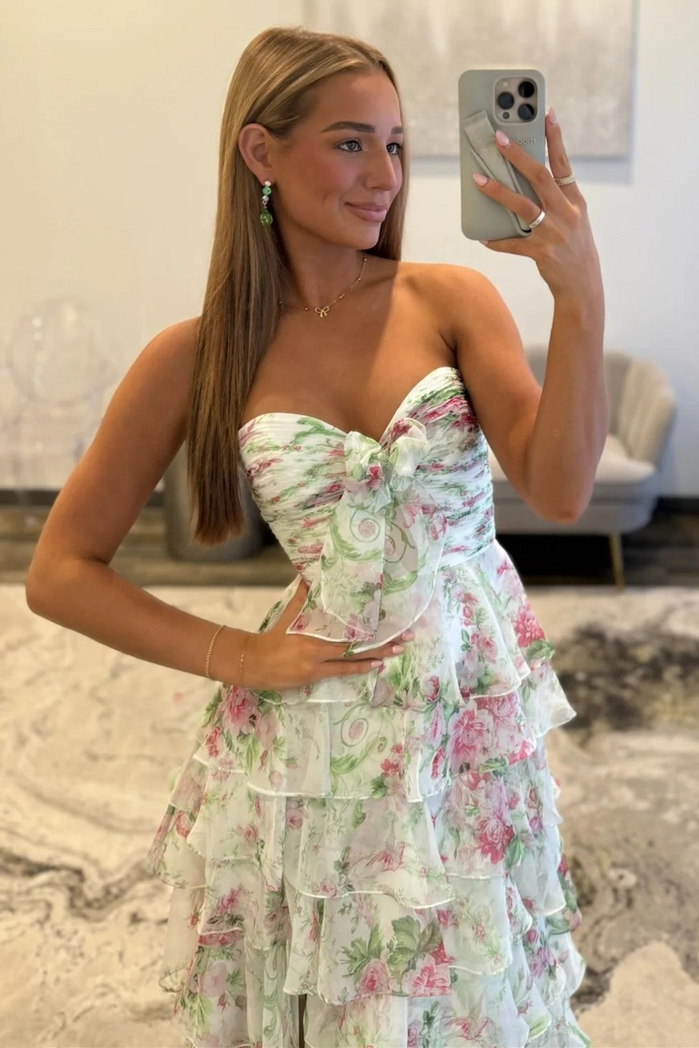 Gorgeous A Line Sweetheart Ivory Floral Printed Long Prom Dress with Ruffles
