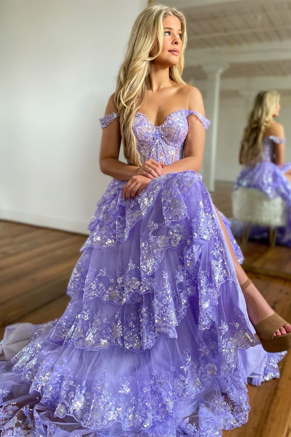 Sparkly Hot Pink A-Line Off The Shoulder Long Tiered Prom Dress With  Appliques