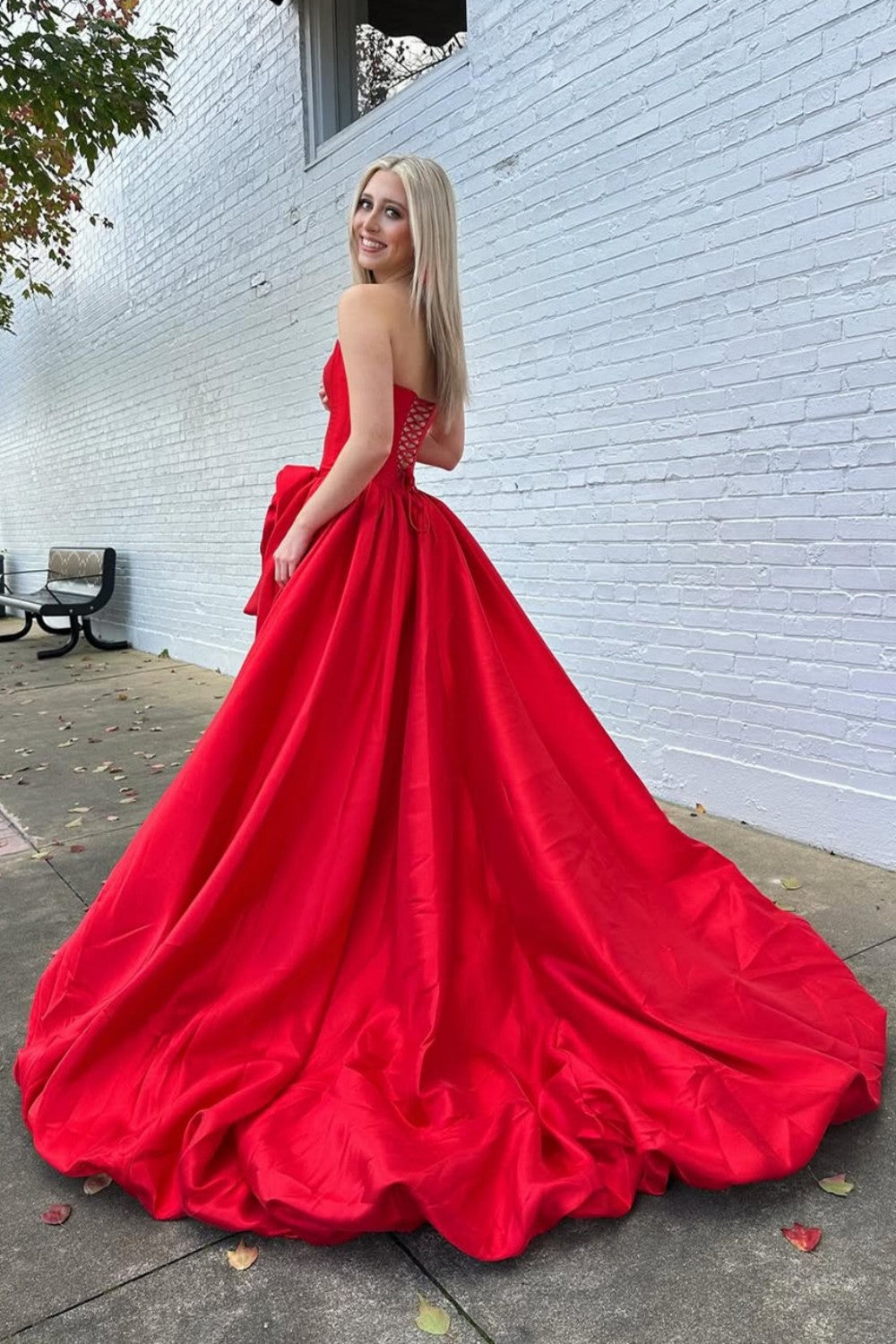Trendy A Line Strapless Red Corset Prom Dress with 3D Flowers - View 2 | VelvetHem