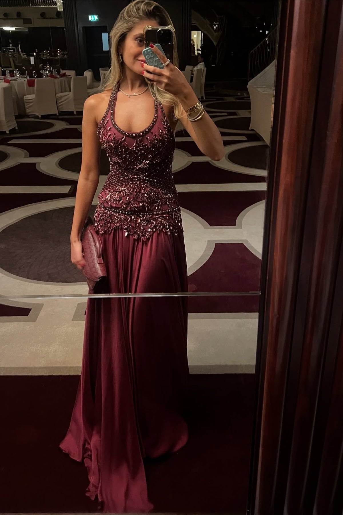 Gorgeous A Line Halter Neck Burgundy Long Party Dress with Beading Ruffles - View 6 | VelvetHem