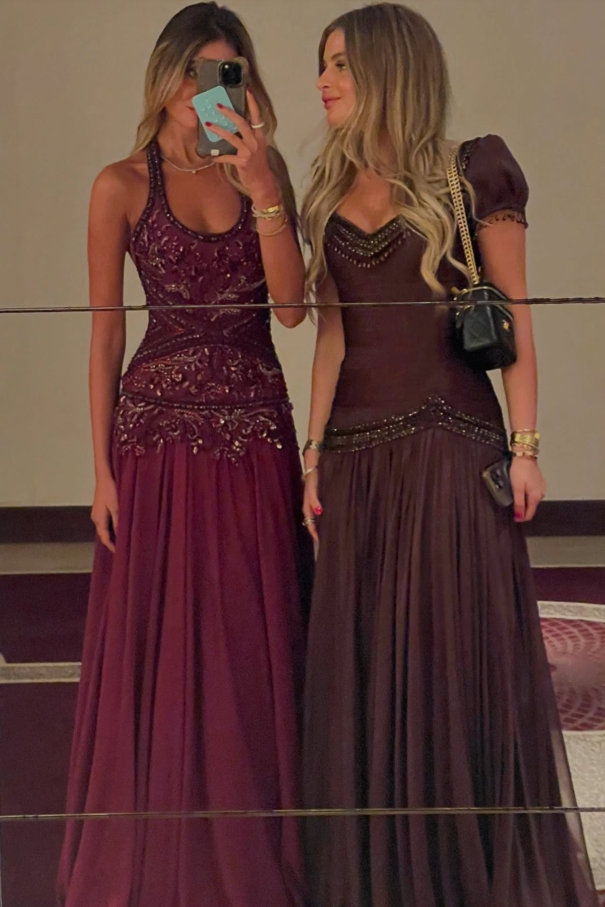Gorgeous A Line Halter Neck Burgundy Long Party Dress with Beading Ruffles - View 3 | VelvetHem