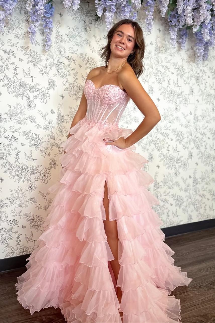 Princess A Line Sweetheart Blush Pink Corset Tiered Tulle Prom Gown with Slit - VelvetHem