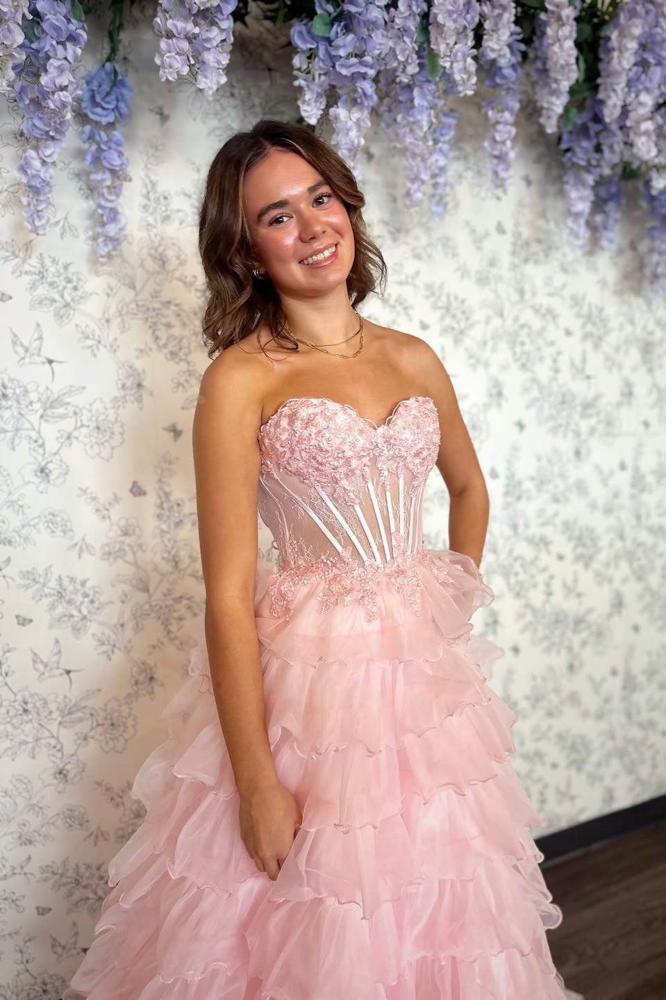 Princess A Line Sweetheart Blush Pink Corset Tiered Tulle Prom Gown with Slit - View 6 | VelvetHem