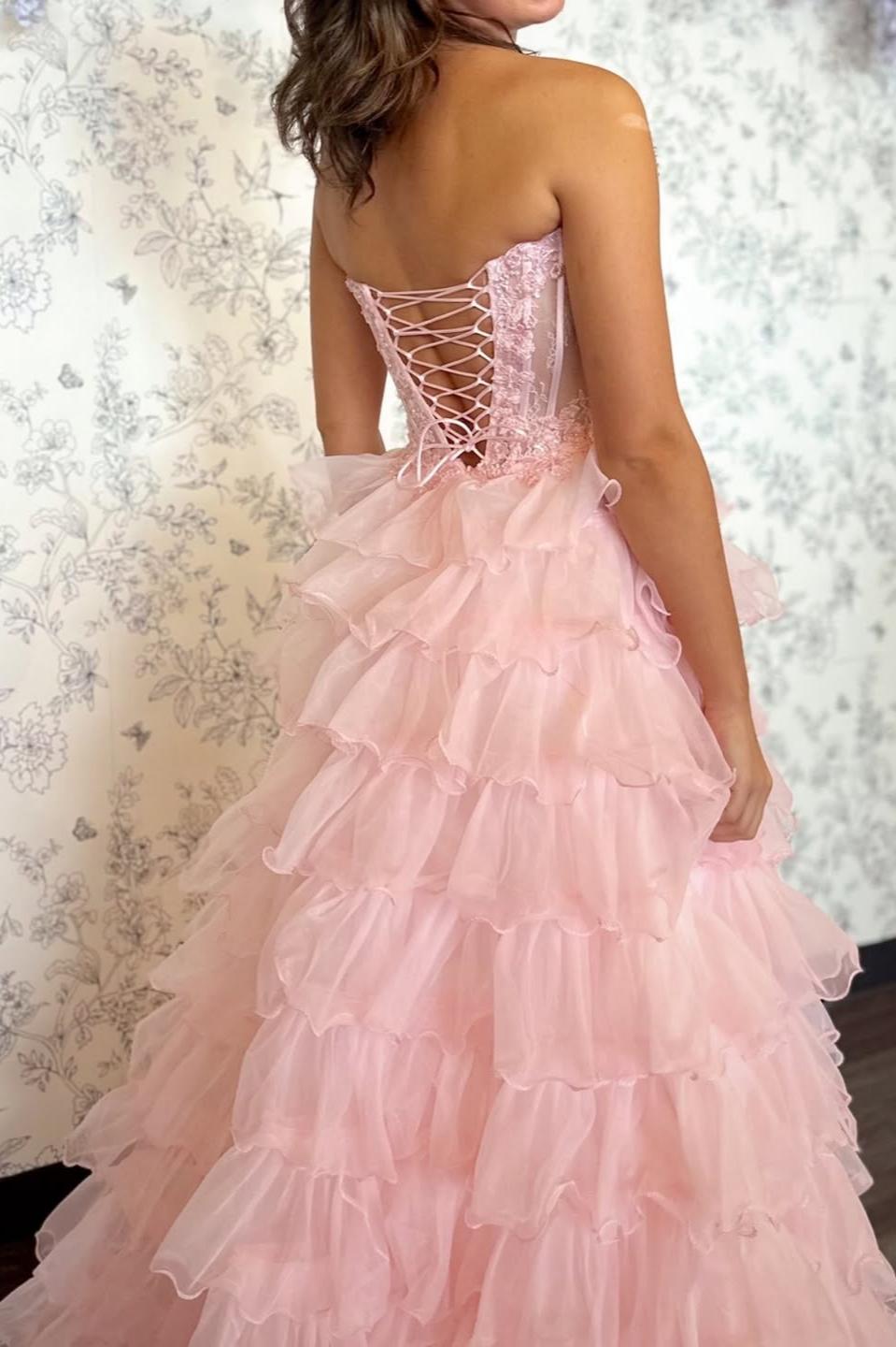 Princess A Line Sweetheart Blush Pink Corset Tiered Tulle Prom Gown with Slit - View 2 | VelvetHem