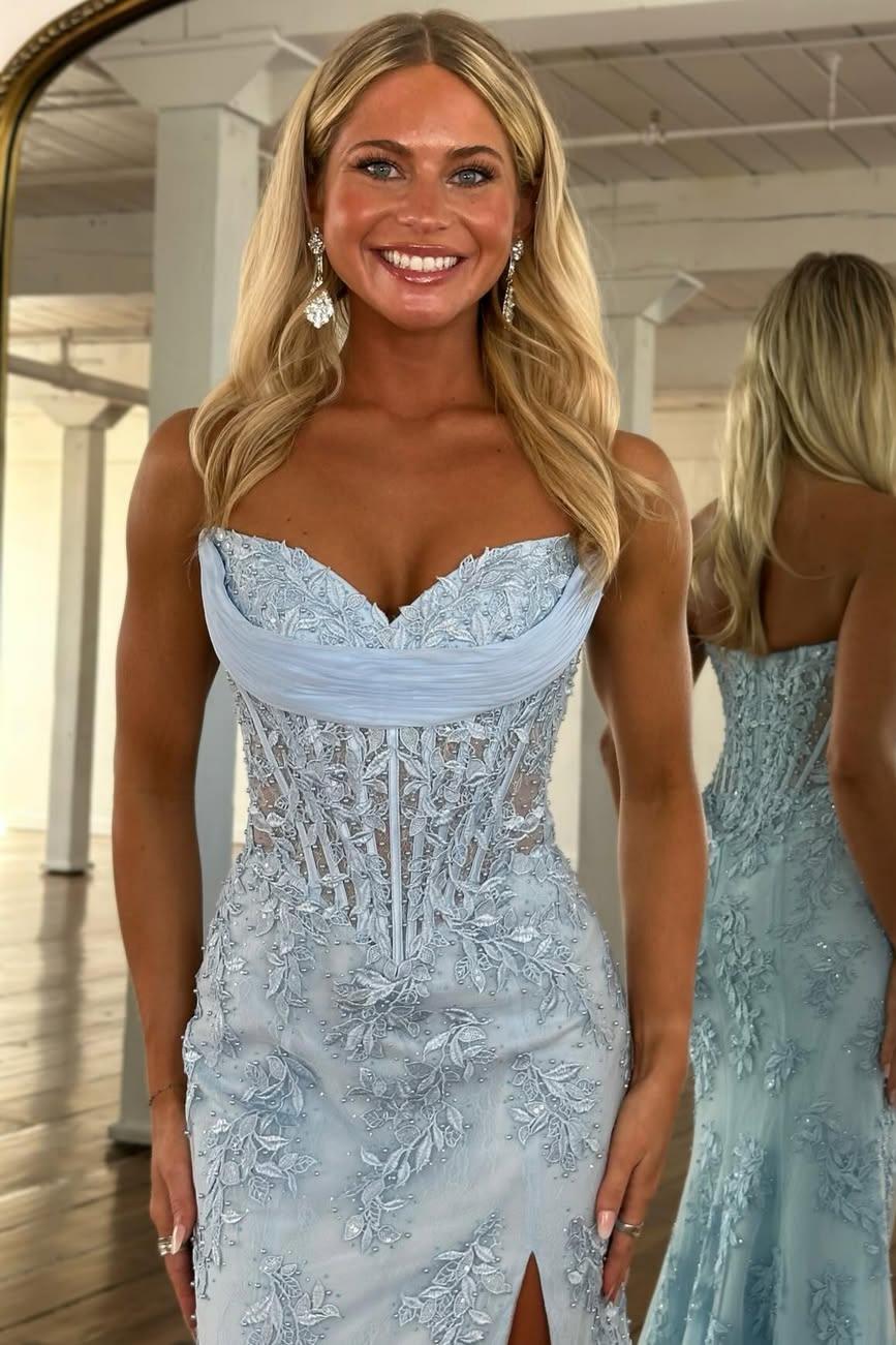 Charming Mermaid Sweetheart Yellow Corset Prom Dress with Appliques