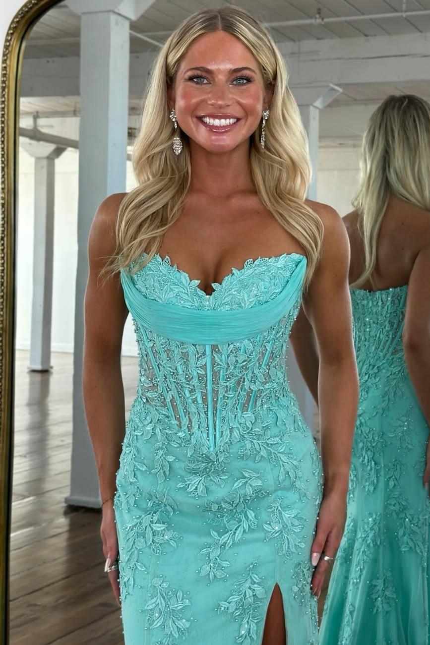 Charming Mermaid Sweetheart Yellow Corset Prom Dress with Appliques