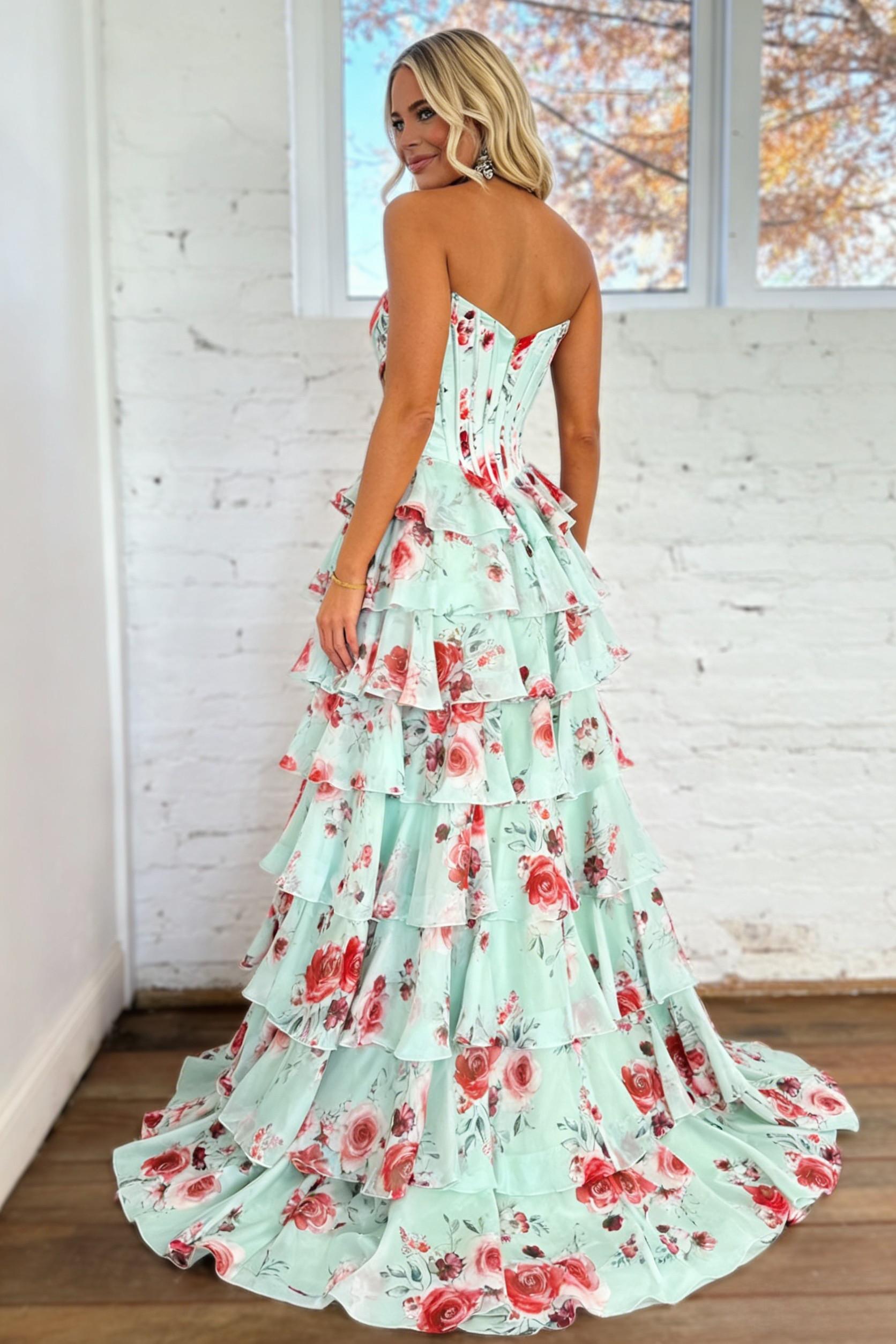 Sweety A Line Sweetheart Floral Print Mint Green Corset Prom Dress with Layered Skirt