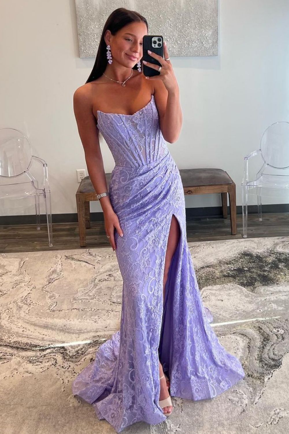 Romantic Lavender Mermaid Strapless Long Lace Prom Dress With Slit - View 4 | VelvetHem