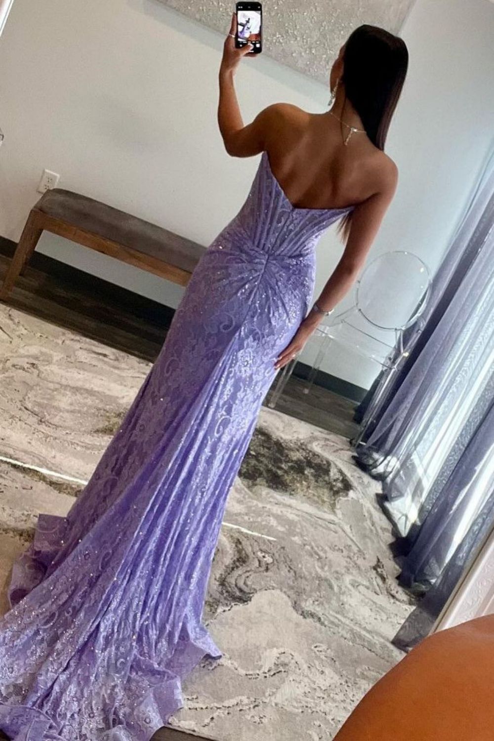 Romantic Lavender Mermaid Strapless Long Lace Prom Dress With Slit - View 5 | VelvetHem