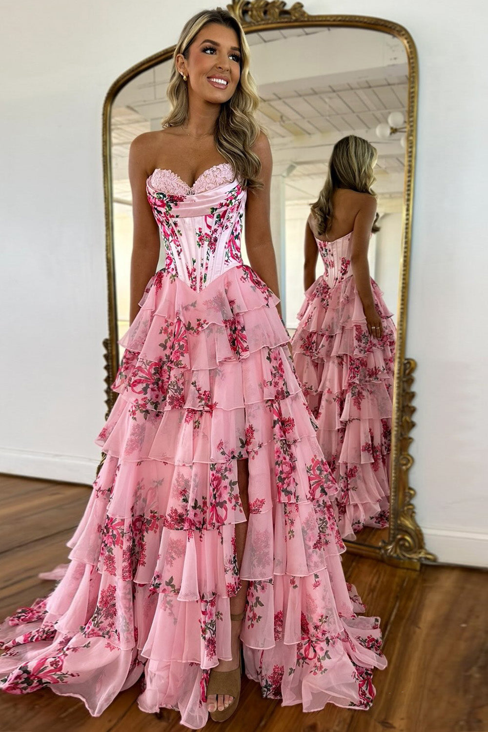 Romantic Pink A-Line Sweetheart Long Print Tulle Prom Dress with Slit - View 6 | VelvetHem