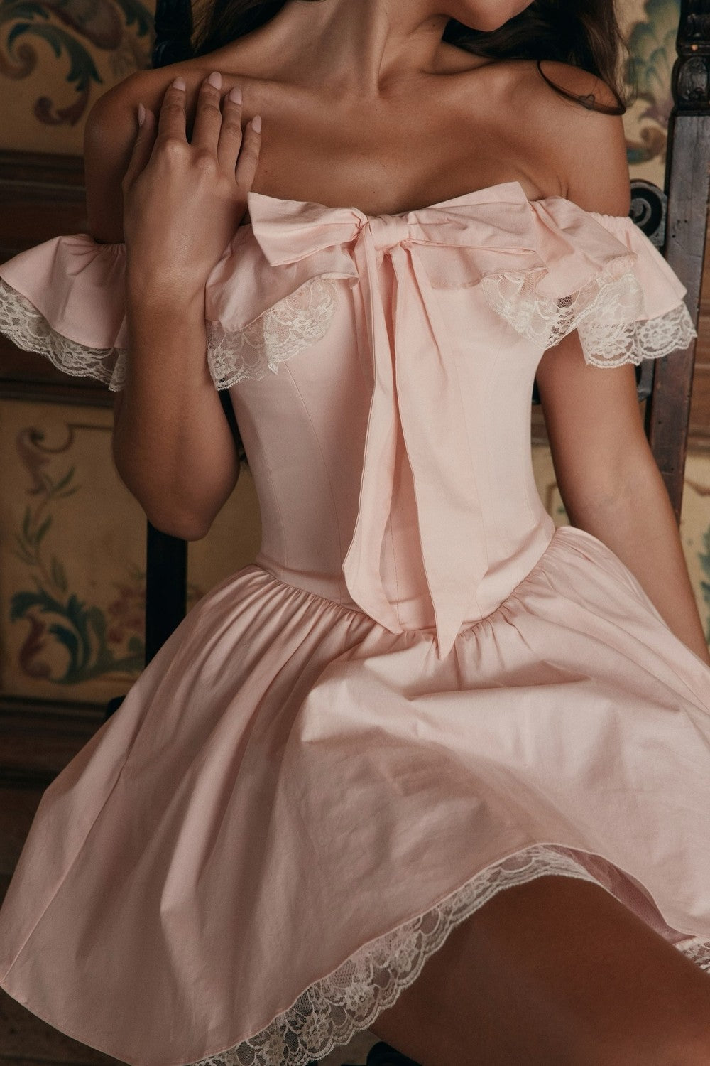 Romantic White Off-the-Shoulder Homecoming Dress with Bow Front and Lace Details