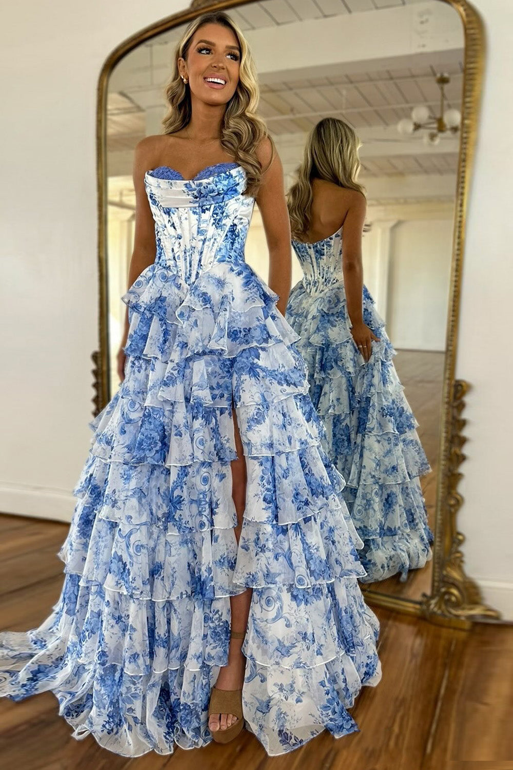 Stunning Pink A-Line Sweetheart Long Print Tiered Prom Dress with Leg Slit - View 4 | VelvetHem