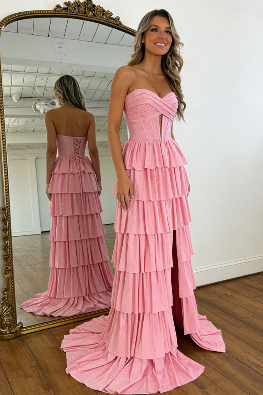 Charming A Line Sweetheart Pink Glitter Corset Prom Dress with High Slit and Ruffles