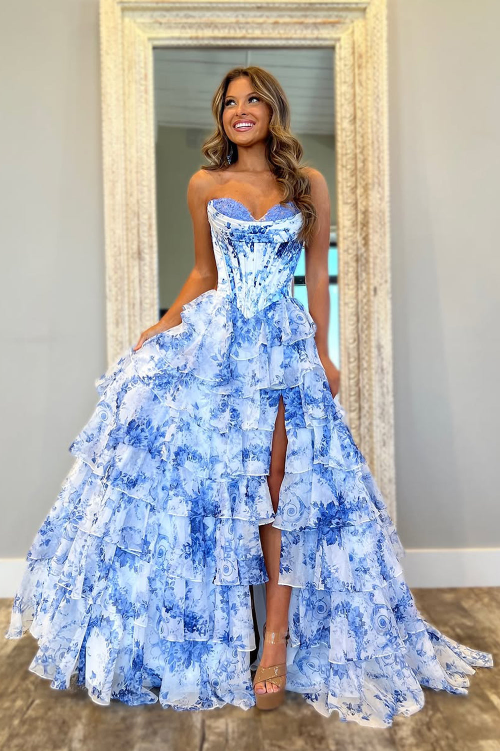 Stunning Pink A-Line Sweetheart Long Print Tiered Prom Dress with Leg Slit - View 3 | VelvetHem