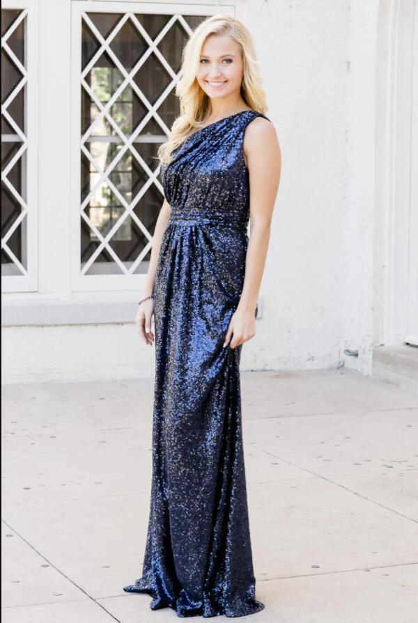 Rose Gold Sparkly Bridesmaid Dresses Sequins Lace One Shoulder BD096 by pgmdress