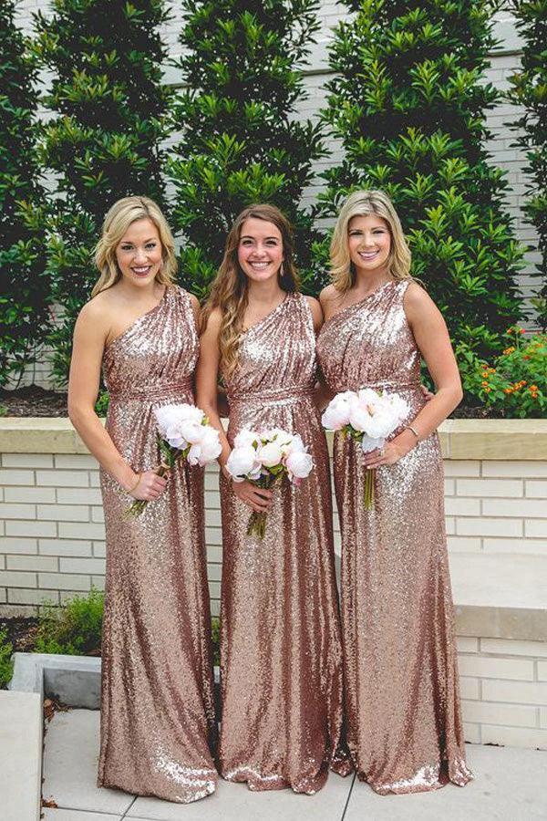 Rose Gold Sparkly Bridesmaid Dresses Sequins Lace One Shoulder BD096 by pgmdress
