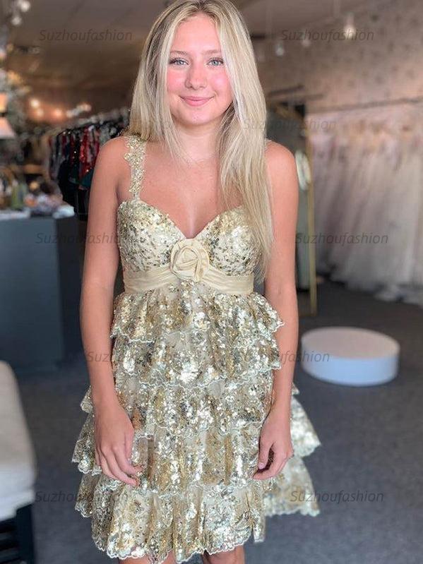 Suzhoufashion Rosette Sequin Baby Doll Short Homecoming Party Dress