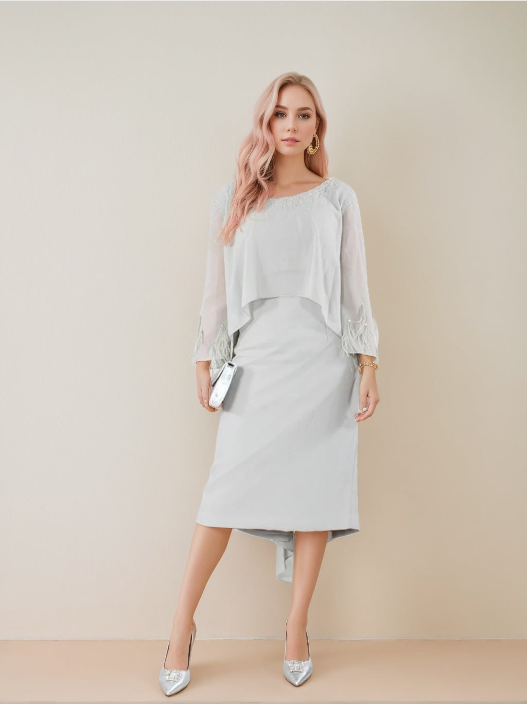 Round Neck Tea Length Mother of the Bride Dress with Tassels and Long Sleeves