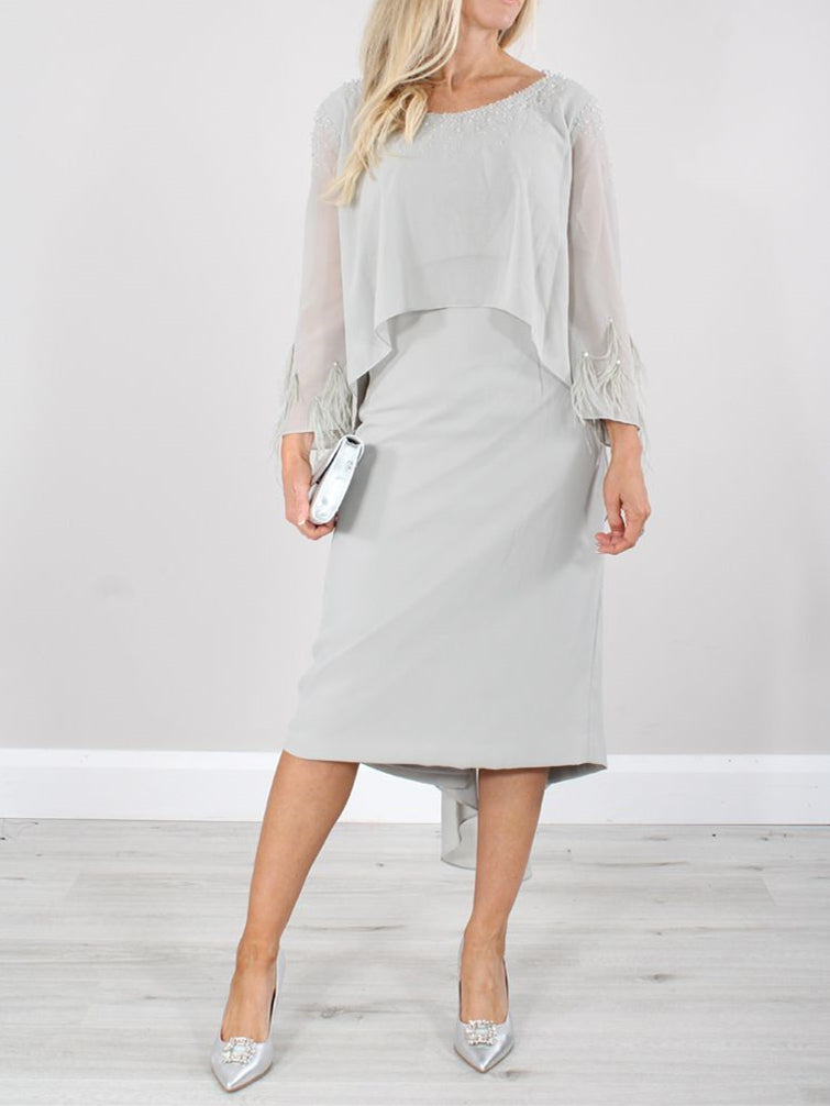 Round Neck Tea Length Mother of the Bride Dress with Tassels and Long Sleeves