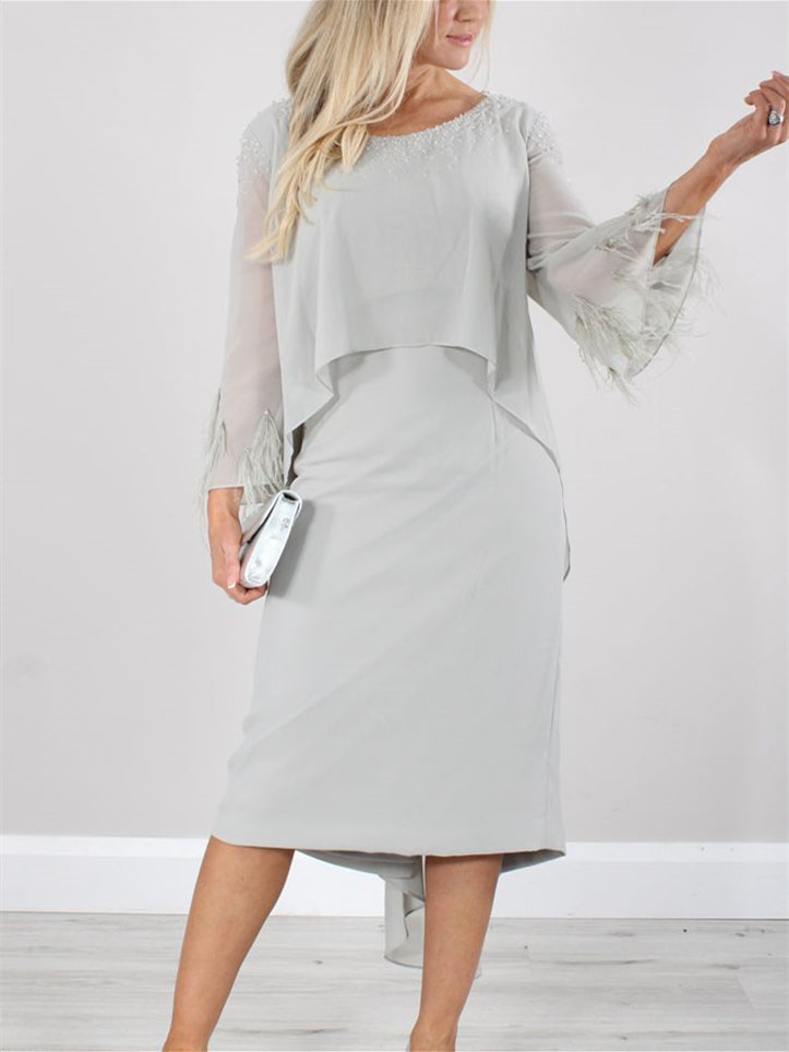 Round Neck Tea Length Mother of the Bride Dress with Tassels and Long Sleeves