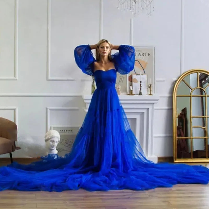 Royal Blue Bridal Tulle Maternity Dress with Detachable Sleeves Long Train Nightgown Sleepwear for Photo Shoot Unique Prom Gowns - VelvetHem