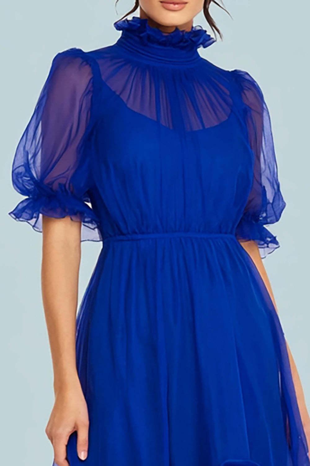 Suzhoufashion Royal Blue High Neck Tulle A Line High-Low Prom Dress With Sleeves