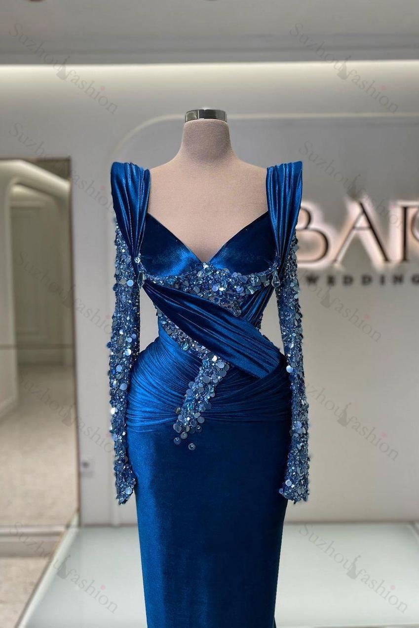 Royal Blue Prom Dress Long Sleeves Mermaid Charmeuse Beaded Evening Formal Dress