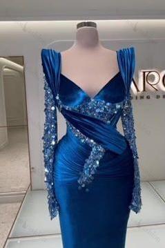 Royal Blue Prom Dress Long Sleeves Mermaid Charmeuse Beaded Evening Formal Dress