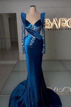 Royal Blue Prom Dress Long Sleeves Mermaid Charmeuse Beaded Evening Formal Dress