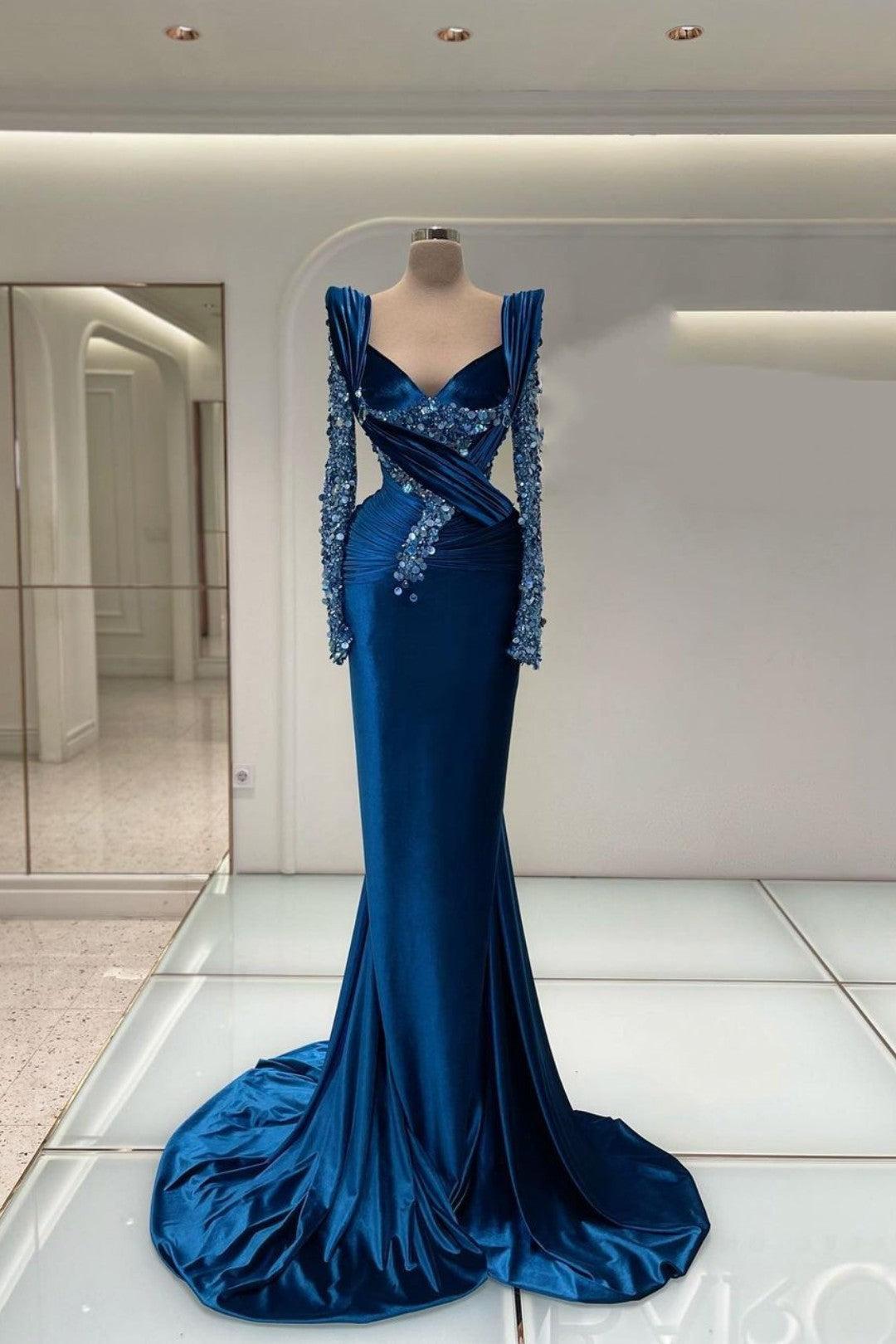 Royal Blue Prom Dress Long Sleeves Mermaid Charmeuse Beaded Evening Formal Dress
