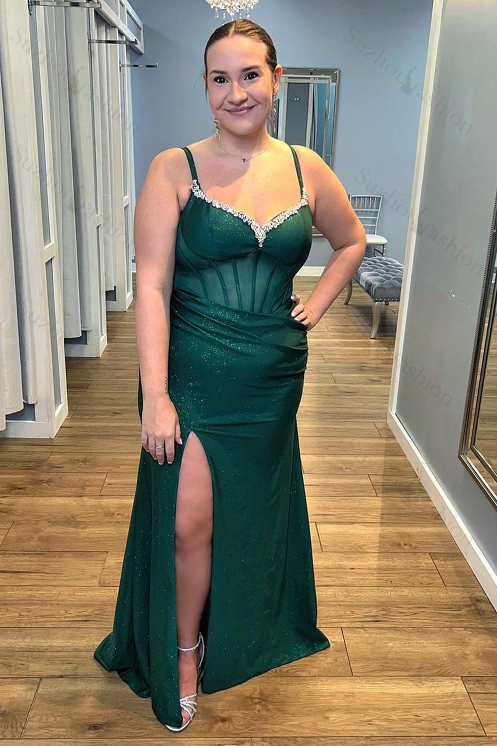 Royal Blue Prom Dress Mermaid Corset Spaghetti Straps Long Formal Dress With Slit