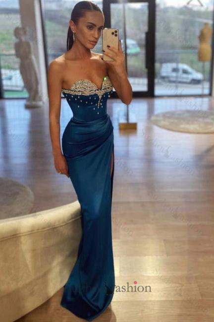 Royal Blue Prom Dress Mermaid Sweetheart Beaded Sleeveless Satin Slit Formal Dress