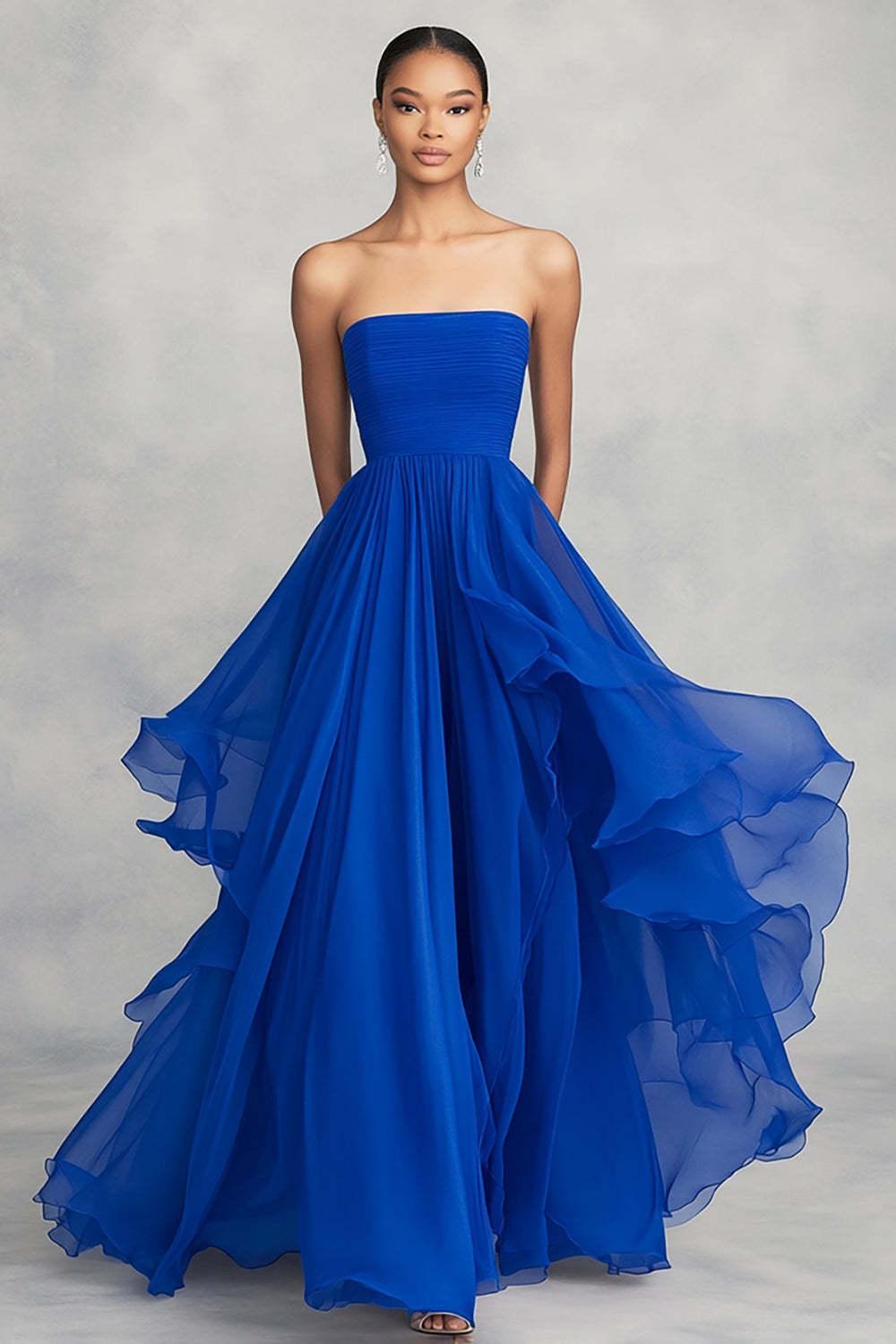 Royal Blue Prom Dress Ruffled Ball Gown Chiffon Strapless Pleated Long Formal Dress