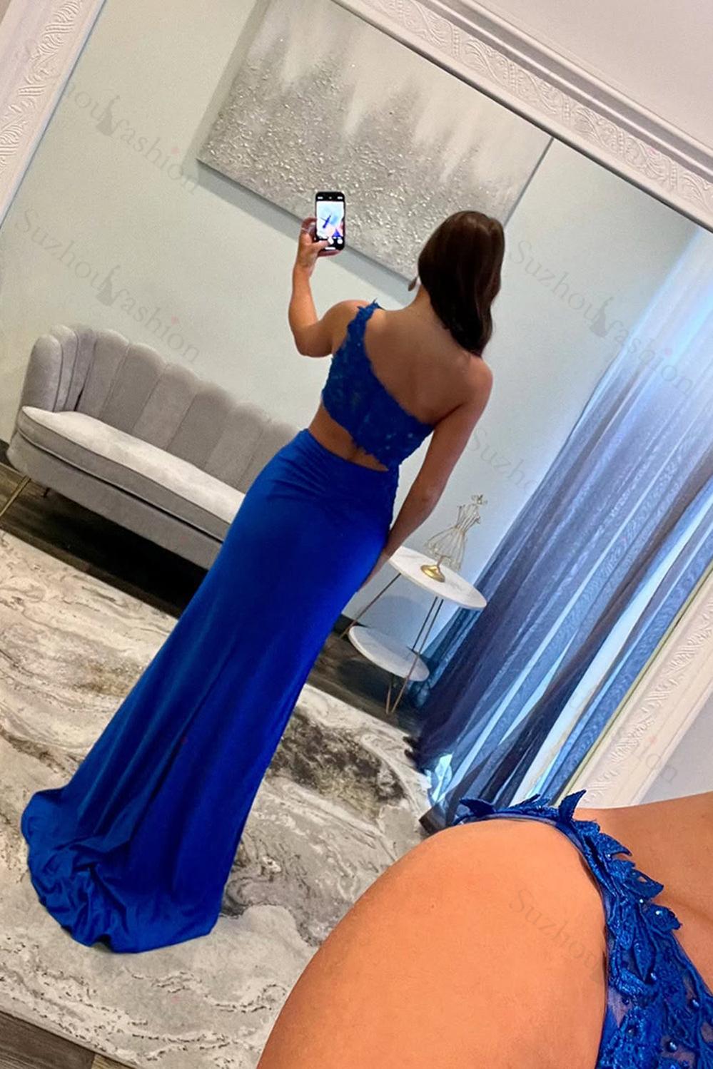 Royal Blue Prom Dress Sheath One Shoulder Formal Dress With Slit