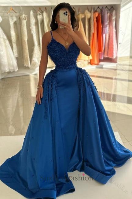 Royal Blue Prom Dress Spaghetti Strap A Line Satin Formal Dress with Panel Train