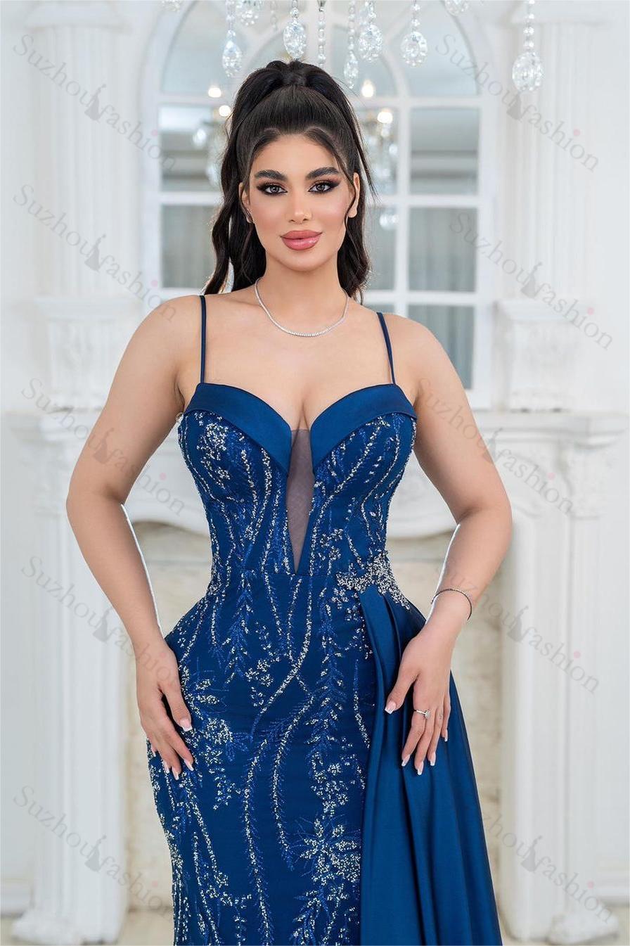Royal Blue Prom Dress Spaghetti Strap Sleeveless Mermaid Evening Formal Dress With Embroidery