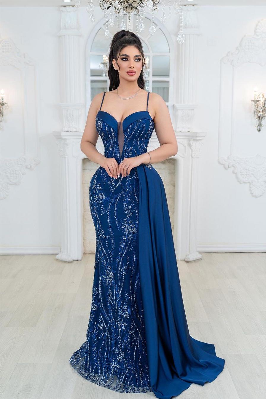 Royal Blue Prom Dress Spaghetti Strap Sleeveless Mermaid Evening Formal Dress With Embroidery