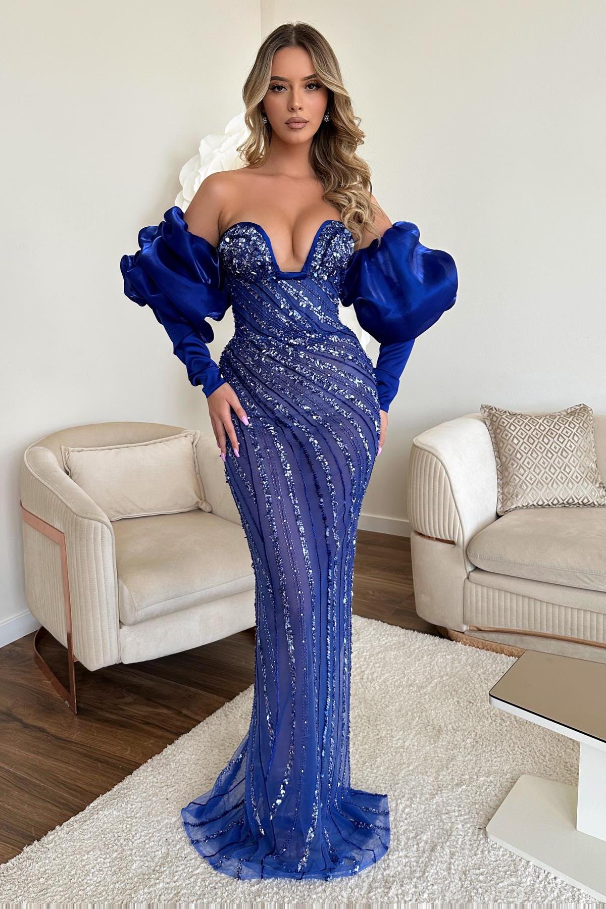 Royal Blue Prom Dress Sweetheart Bubble Long Sleeves Strapless Mermaid Sequined Evening Formal Dress