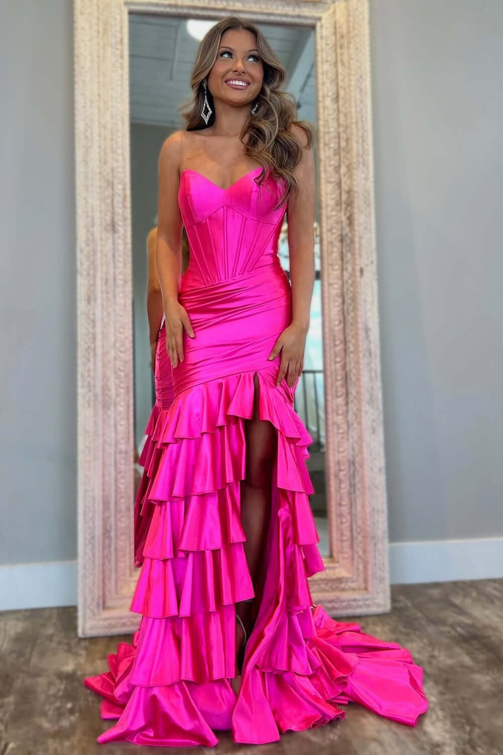 Mermaid Sage Prom Dress Sweetheart Corset Ruffled Long Formal Dress With Slit