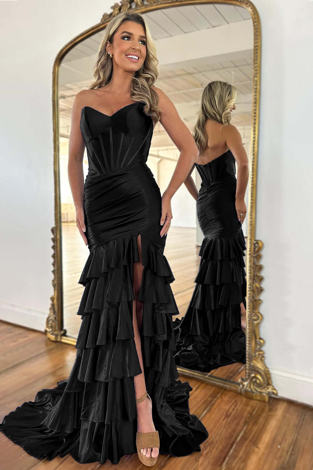 Mermaid Sage Prom Dress Sweetheart Corset Ruffled Long Formal Dress With Slit