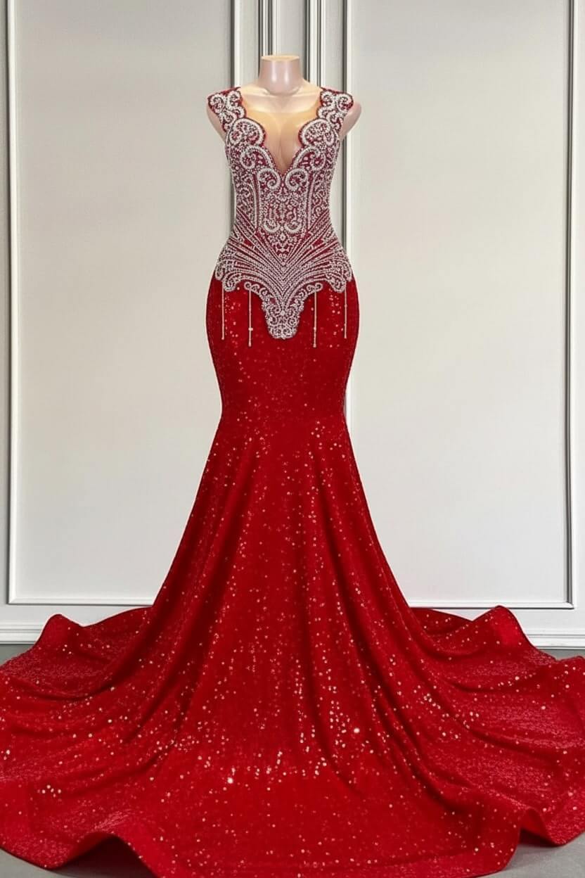Royal Blue sequin Silver Beaded Mermaid Long V-neck Prom Party Dresses