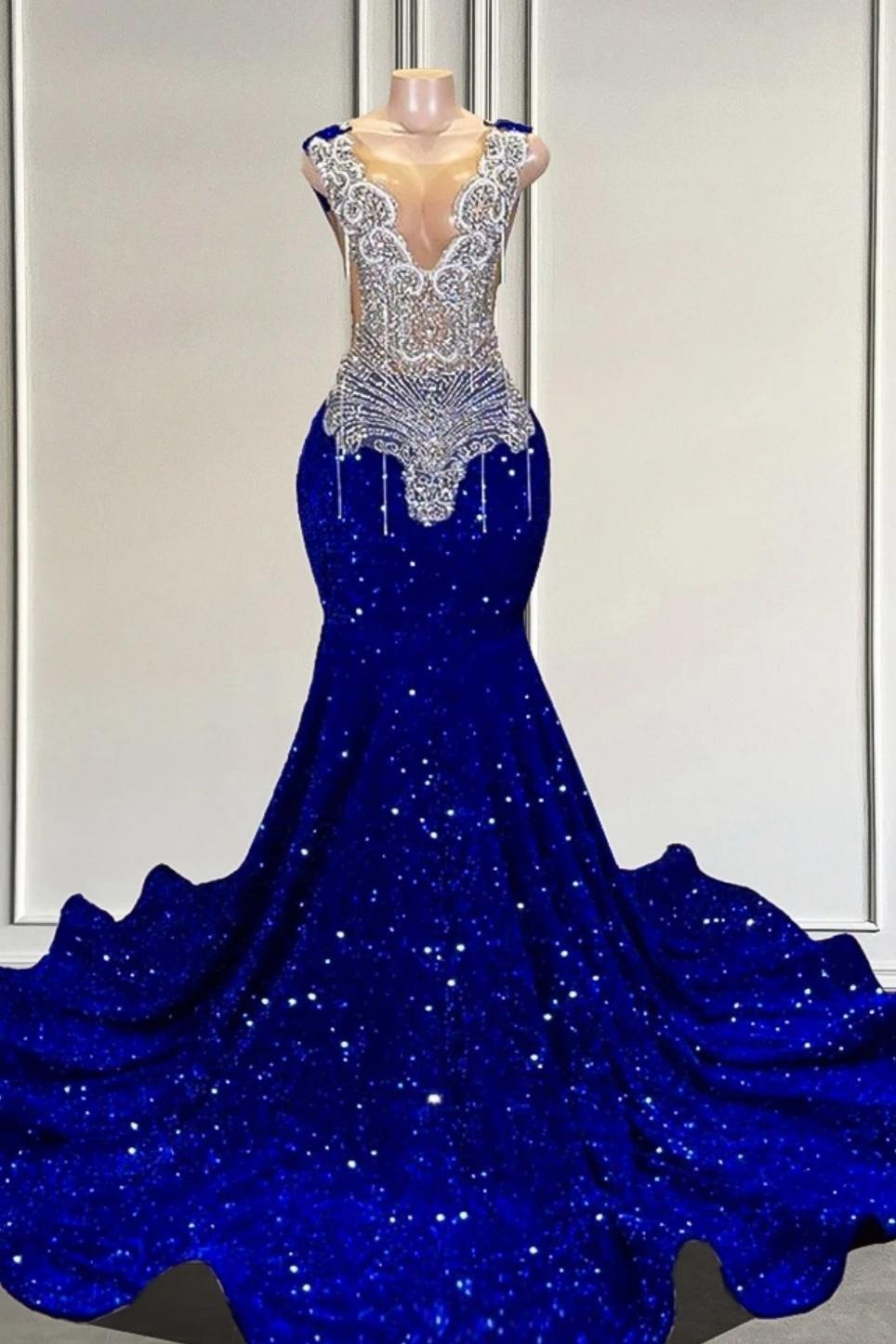 Royal Blue sequin Silver Beaded Mermaid Long V-neck Prom Party Dresses