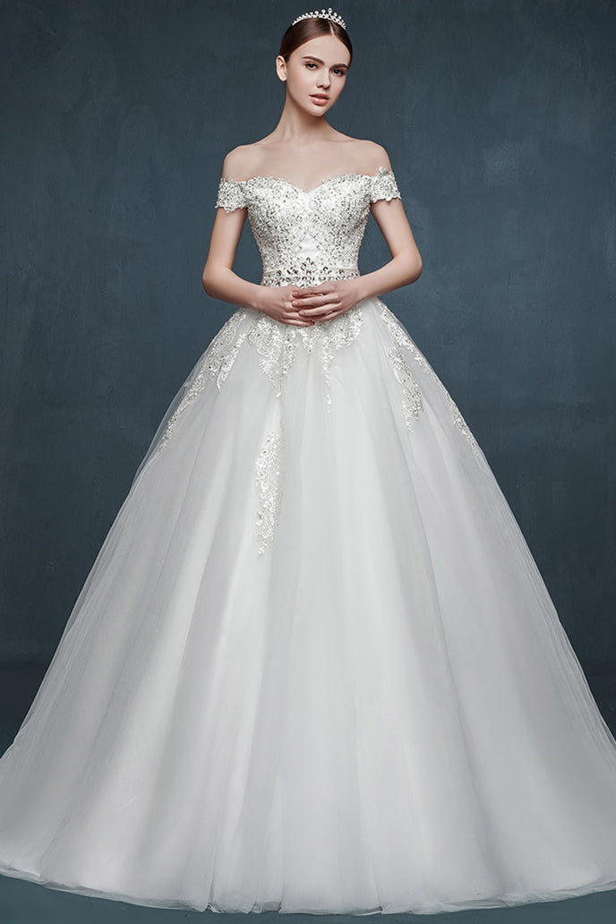 Royal Off the Shoulder Princess Ball Gown Wedding Dresses Lace Up Romantic Palace Custom Made Bridal Dresses
