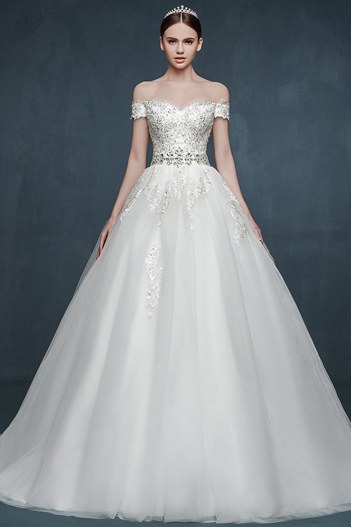 Royal Off the Shoulder Princess Ball Gown Wedding Dresses Lace Up Romantic Palace Custom Made Bridal Dresses