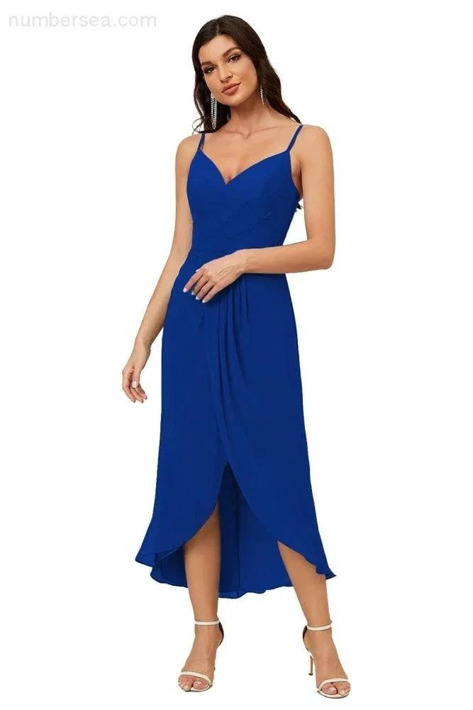 ZapDress Spaghetti Chiffon V Neck Bridesmaid Dress Mid-Length Slit Formal Prom Dress Homecoming Dress 2803 (ZD16952)
