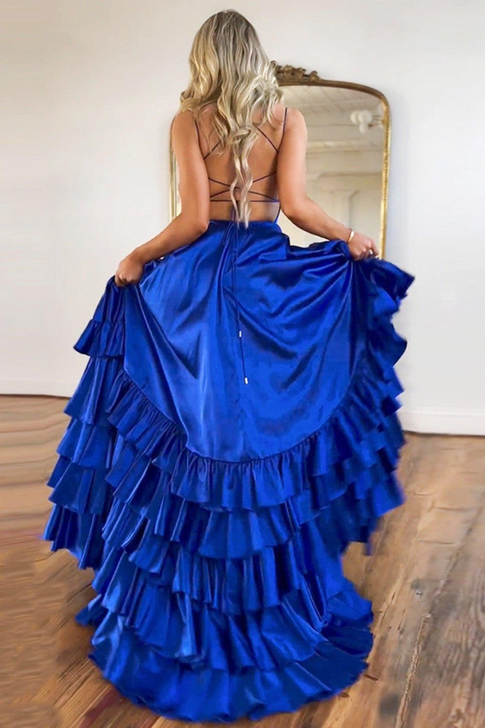 Royal Blue Satin A-Line Lace Up Spaghetti Straps Long Prom Dress With Split - View 2 | VelvetHem