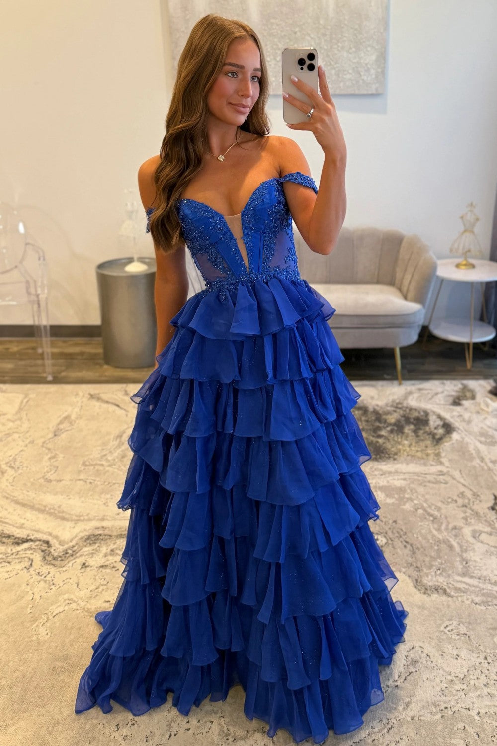 Royal Blue Off Shoulder Sweetheart Prom Dress with Beaded Illusion Bodice and Layered Ruffle Slit Skirt - View 3 | VelvetHem