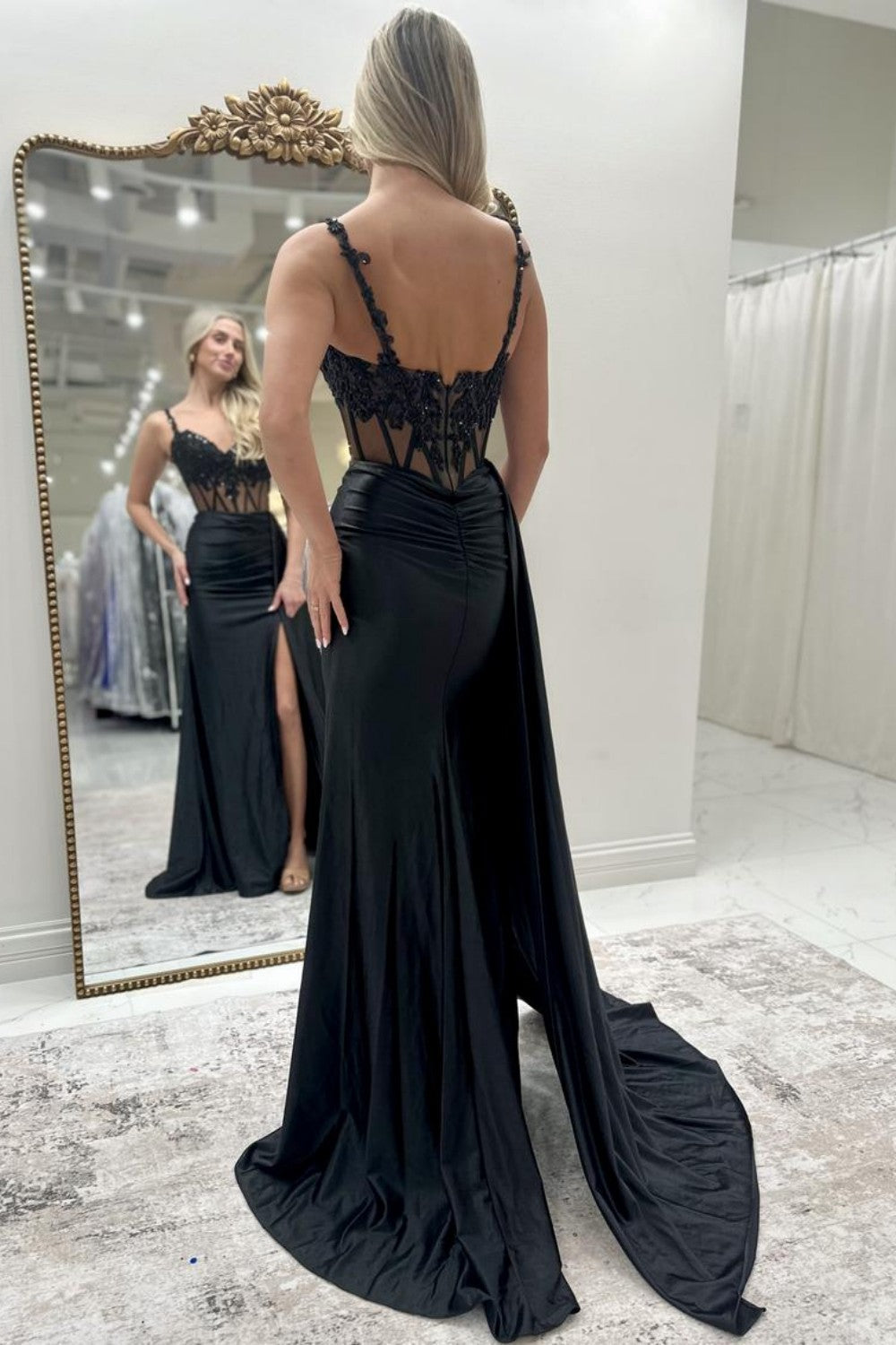 Gorgeous Mermaid Spaghetti Straps Royal Blue Corset Prom Dress with Appliques - View 5 | VelvetHem