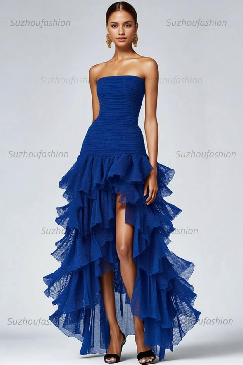 Black Wedding Guest Dress Strapless Tulle Long Ruffled Formal Dress With Slit